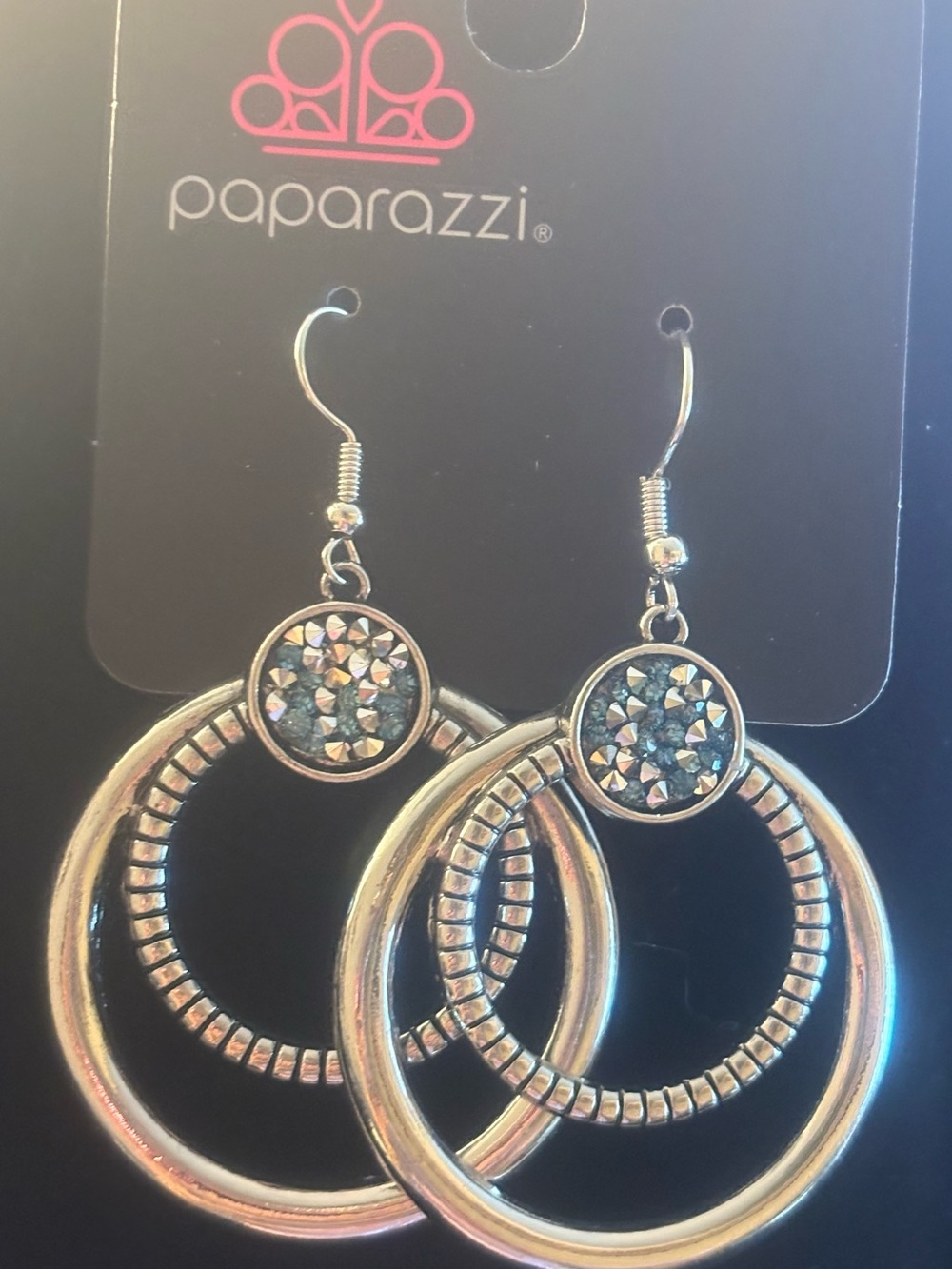 paparazzi Silver Double Hoop Crystal Drop Earrings with blue crystals